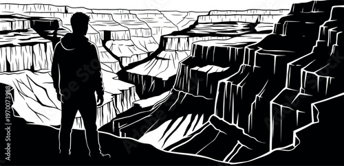 Silhouette of a person standing on a cliff edge overlooking a vast canyon silhouette