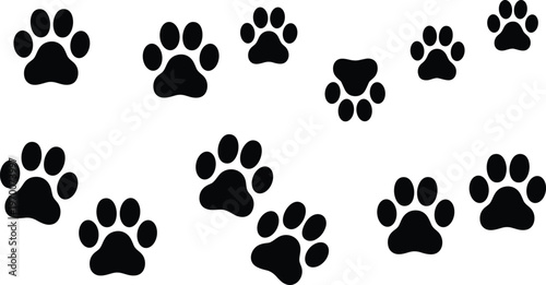 Black silhouette vector illustration set featuring various animal paw prints and pet tracks for dog cat wildlife nature and veterinary clinic branding design