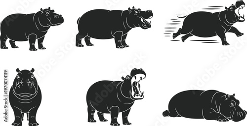 Black silhouette vector illustration set featuring various wild hippos in different poses like running yawning and resting for safari nature and zoo branding design