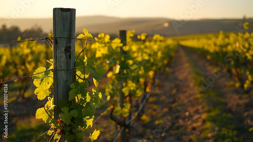 A lush, sun-drenched vineyard at golden hour