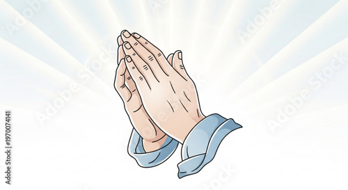 Praying hands with clasped fingers and blue sleeves against a radiant white background with sunburst effect