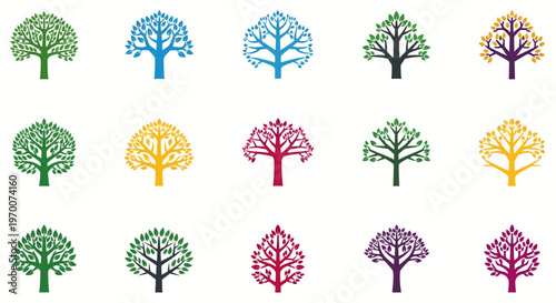colorful tree icons set for logo or symbol in flat modern style for branding