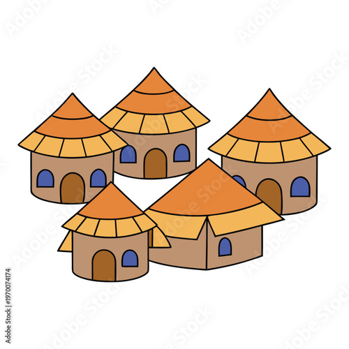 A peaceful town of huts rests under open skies, with thatched roofs and earthen walls. Smoke curls from chimneys as villagers gather, creating a warm, simple, and timeless rural life.
