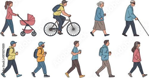Various Walking People with Activities Including Jogging, Cycling, Walking with Baby Stroller, and More for Lifestyle, Health, and Daily Routine Designs