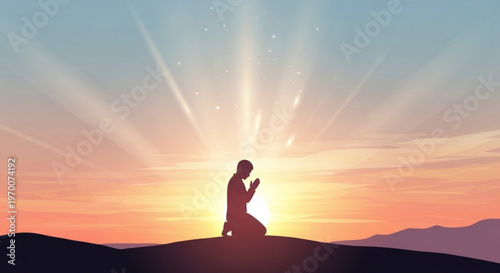 Person kneeling in prayer at sunrise with mountain range and vibrant sky background