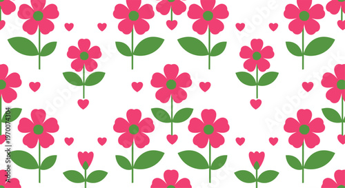 Pink flowers with green centers and leaves and small pink hearts on white background green leaves