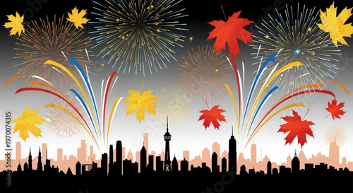 Vibrant city skyline at night with colorful fireworks and maple leaves exploding in the sky celebrating a festive holiday or new year's eve with a black silhouette of buildings