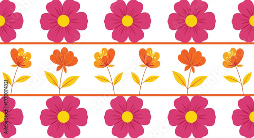 Repeating pattern of pink and orange flowers with yellow centers and yellow leaves floral pink flower