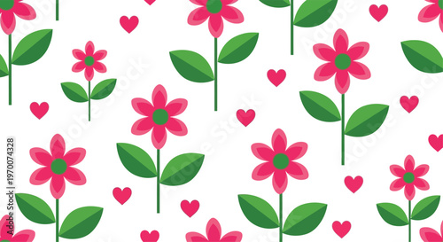 Pink flowers with green leaves and small pink hearts on white background seamless pattern floral