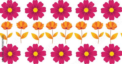 Repeating pattern of pink and orange flowers with yellow centers on white background floral