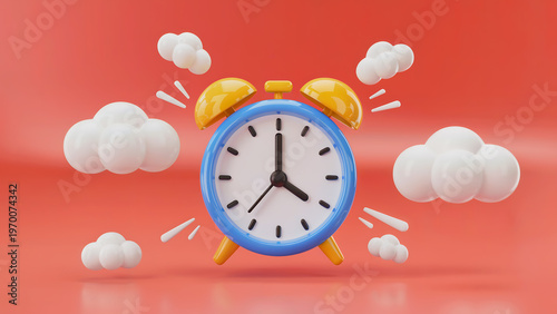 A colorful illustration of an alarm clock surrounded by clouds on a red background