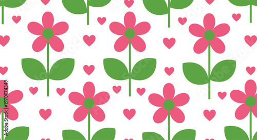 Repeating pattern of pink flowers with green centers and leaves interspersed with small pink hearts on a white background