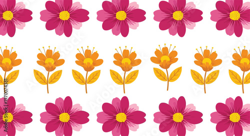 Repeating pattern of stylized pink and orange flowers with yellow centers on a white background magenta
