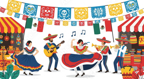 Vibrant mexican fiesta scene with musicians and dancers in traditional attire under colorful flags
