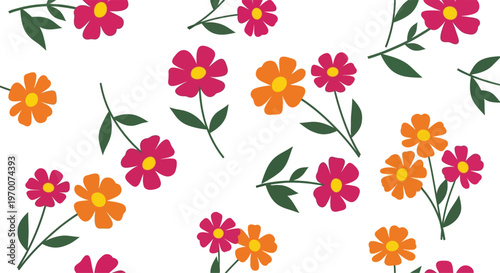 Scattered pink and orange daisy flowers with green leaves on white background floral