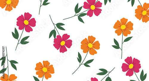 Scattered pink and orange daisy like flowers with green leaves on white background floral