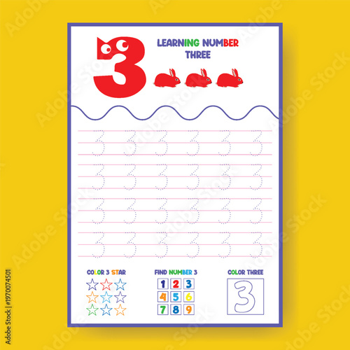 Learning number four tracing worksheet vertical printable activity for kindergarten and preschool kids, education practice and handwriting skill development