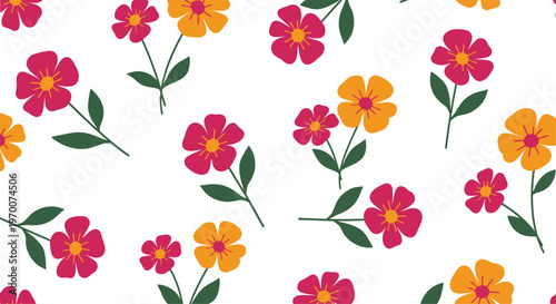 Seamless pattern of pink and orange flowers with green leaves on white background floral