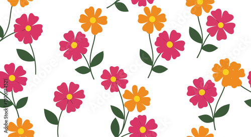 Seamless pattern of pink and orange flowers with green leaves on white background floral 3