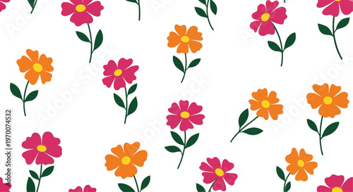 Seamless pattern of pink and orange flowers with yellow centers and green leaves on a white background