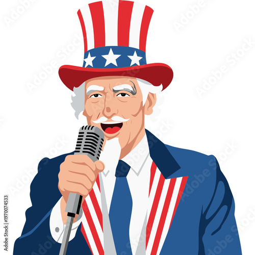 An elderly man wearing a patriotic hat sings into a microphone.