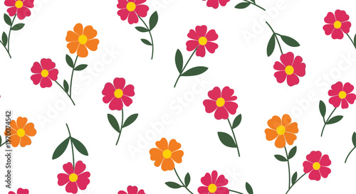 Seamless pattern of pink and orange flowers with yellow centers and green leaves on white background