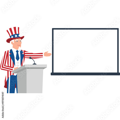 American politician gives a speech at a podium next to a large screen