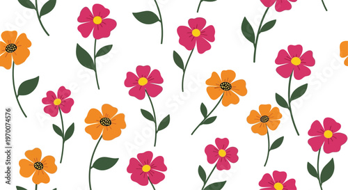 Seamless pattern of pink and orange stylized flowers with green stems and leaves on a white background