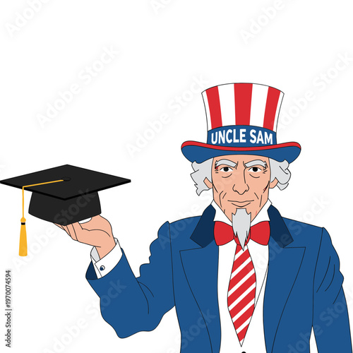Uncle Sam proudly holds a graduation cap in a symbolic scene