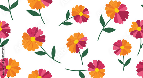 Seamless pattern of stylized daisy flowers in orange pink and yellow with green stems and leaves on a white background