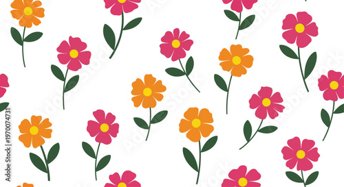 Seamless pattern of simple pink and orange flowers with yellow centers and green leaves on a white background