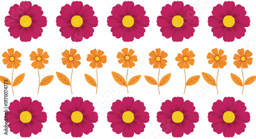 Three rows of stylized flowers in magenta and orange with yellow centers on a white background floral