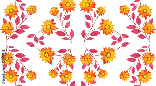 Seamless pattern of stylized sunflowers and pink leaves on white background floral