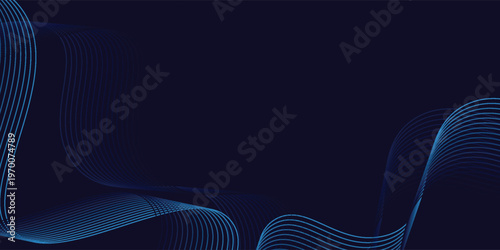 Abstract glowing wave lines on dark blue background with dynamic, flowing pattern. Ideal for futuristic technology designs and banners. vector curve background