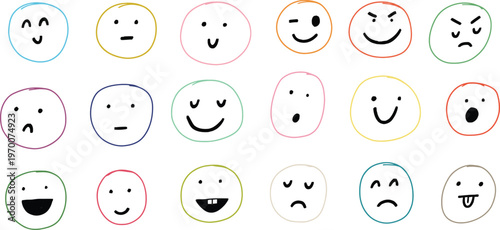 A colorful collection of emoticon faces on a white background