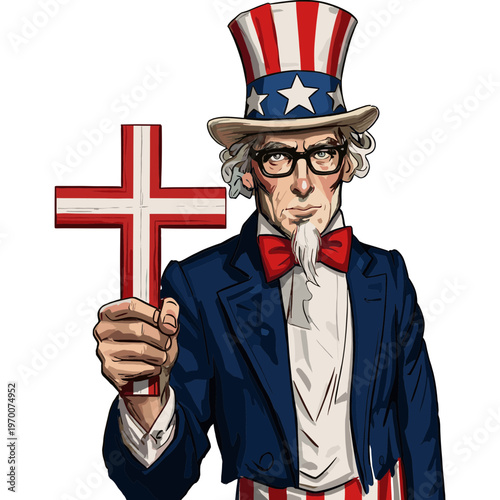 Uncle Sam holds a cross symbol in his hand patriotically outdoors.