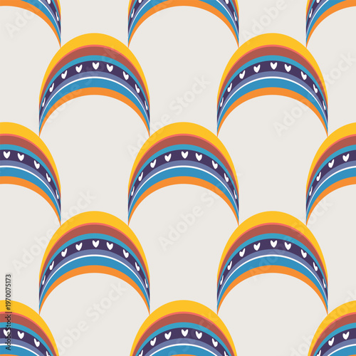 Trendy seamless pattern with colorful rainbow on color background. Design for invitation, poster, card, fabric, textile, fabric. Cute holiday illustration for baby. Scandinavian doodle style.