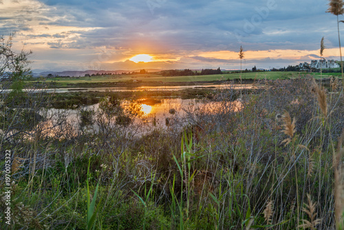Colorful sunset at Oroklinis Larnaca  lake stock photo