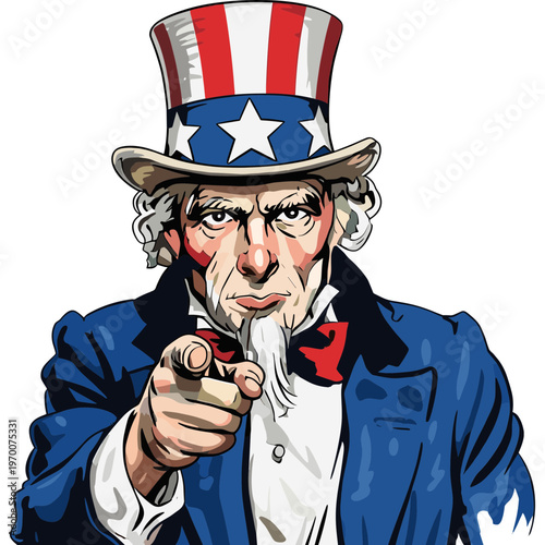 A stern Uncle Sam points directly at the viewer wearing a patriotic hat and suit.