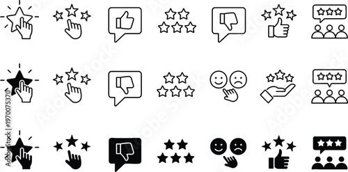 Collection of black and white rating review and social media icons