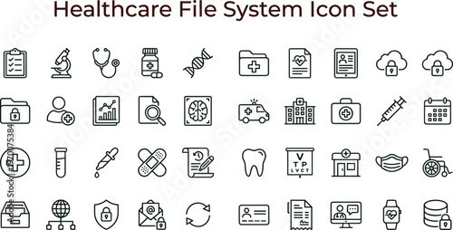 Healthcare file system outline icon set with medical records storage security documentation symbols for hospital apps dashboards interfaces