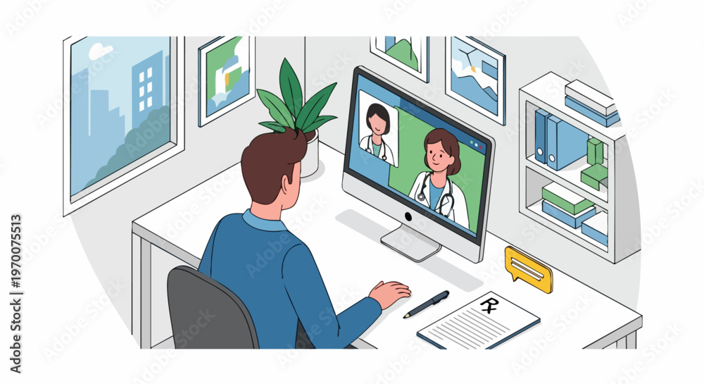 Fototapeta premium Telemedicine and Online Healthcare: Man Consulting with Doctors via Video Call on Computer for Remote Medical Advice and Prescription