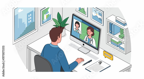 Telemedicine and Online Healthcare: Man Consulting with Doctors via Video Call on Computer for Remote Medical Advice and Prescription