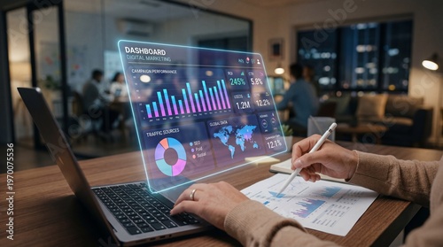 Digital advertising and marketing analytics showcase ad performance, customer engagement insights, social media strategy, and ROI measurement on a professional's dashboard.