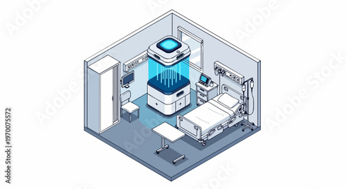 Futuristic Isometric Hospital Room Illustration with Advanced Medical Technology and Patient Care Equipment