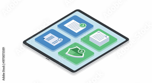 Isometric Tablet with Verified Digital Documents and Security Shield Icon, Cybersecurity and Data Compliance Concept
