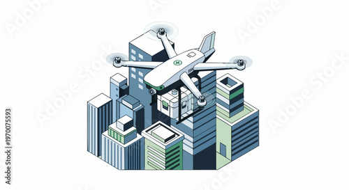 Isometric Medical Delivery Drone Carrying First Aid Kit Over Modern Urban Cityscape Illustration