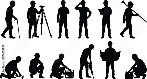 Construction Worker Silhouette Vector Collection, Professional Engineer Architect and Builder Poses, Industrial Laborer Working with Tools and Blueprints for Site Projects