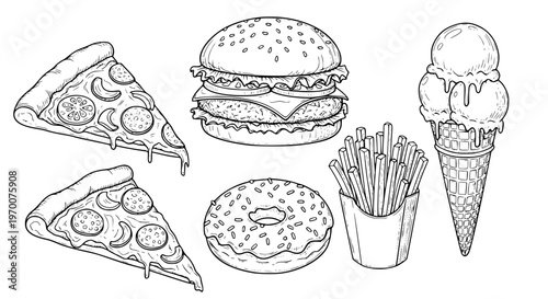 Hand drawn illustration Food: A tasty assortment of classic fast foods, including pizza slices, a burger, fries, ice cream cone, and donut, illustrated in a clean, appealing monochrome style.