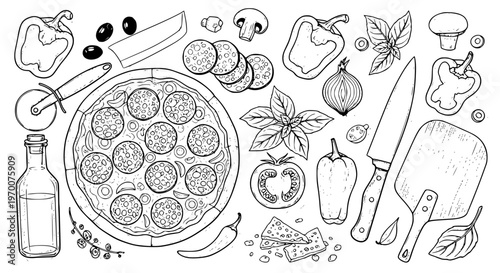 Artisanal Pizza Preparation: An overhead view of pizza surrounded by its ingredients, creating an eye-catching illustration of the art of pizza making.